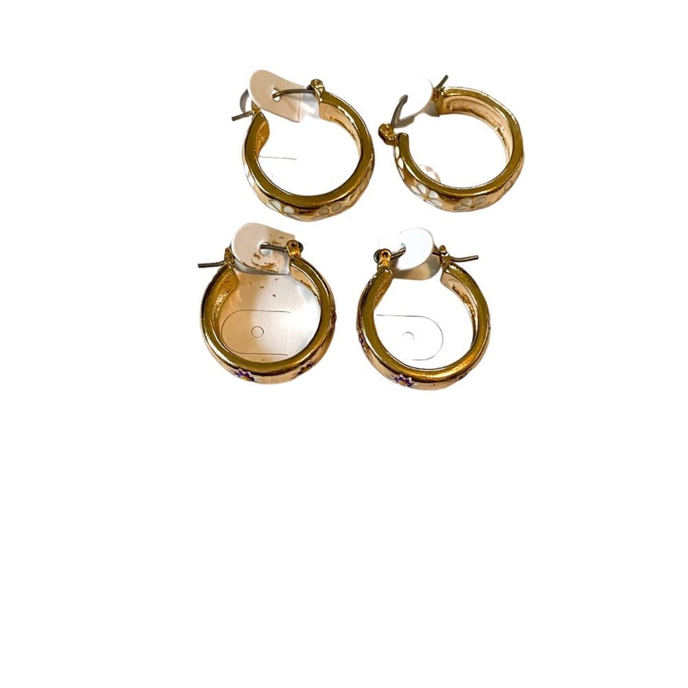 ASOS Gold White Purple Floral Stamped Minimalist Clasp Hoop Earrings